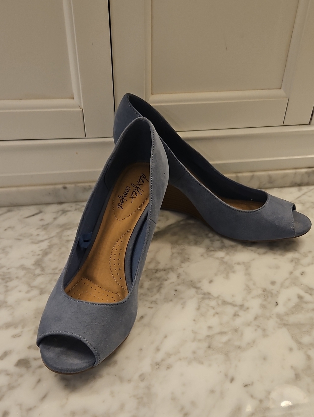dexflex comfort Dusty Blue Suede Peep-Toe Wedge Pumps